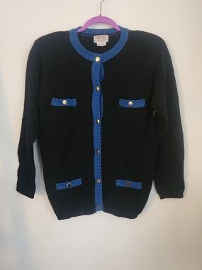 Sky Black Cardigan with Blue Trim and Gold Buttons